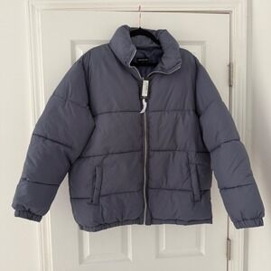 NWT PRETTYLITTLETHING Slate Gray Puffer Jacket Soft Touch Nylon M Cozy Fall Coat